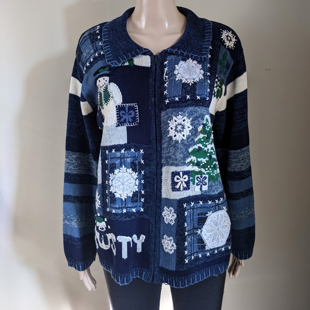 Vintage Heirloom Collectibles Snowman Festive Blue Cardigan, Women's Medium